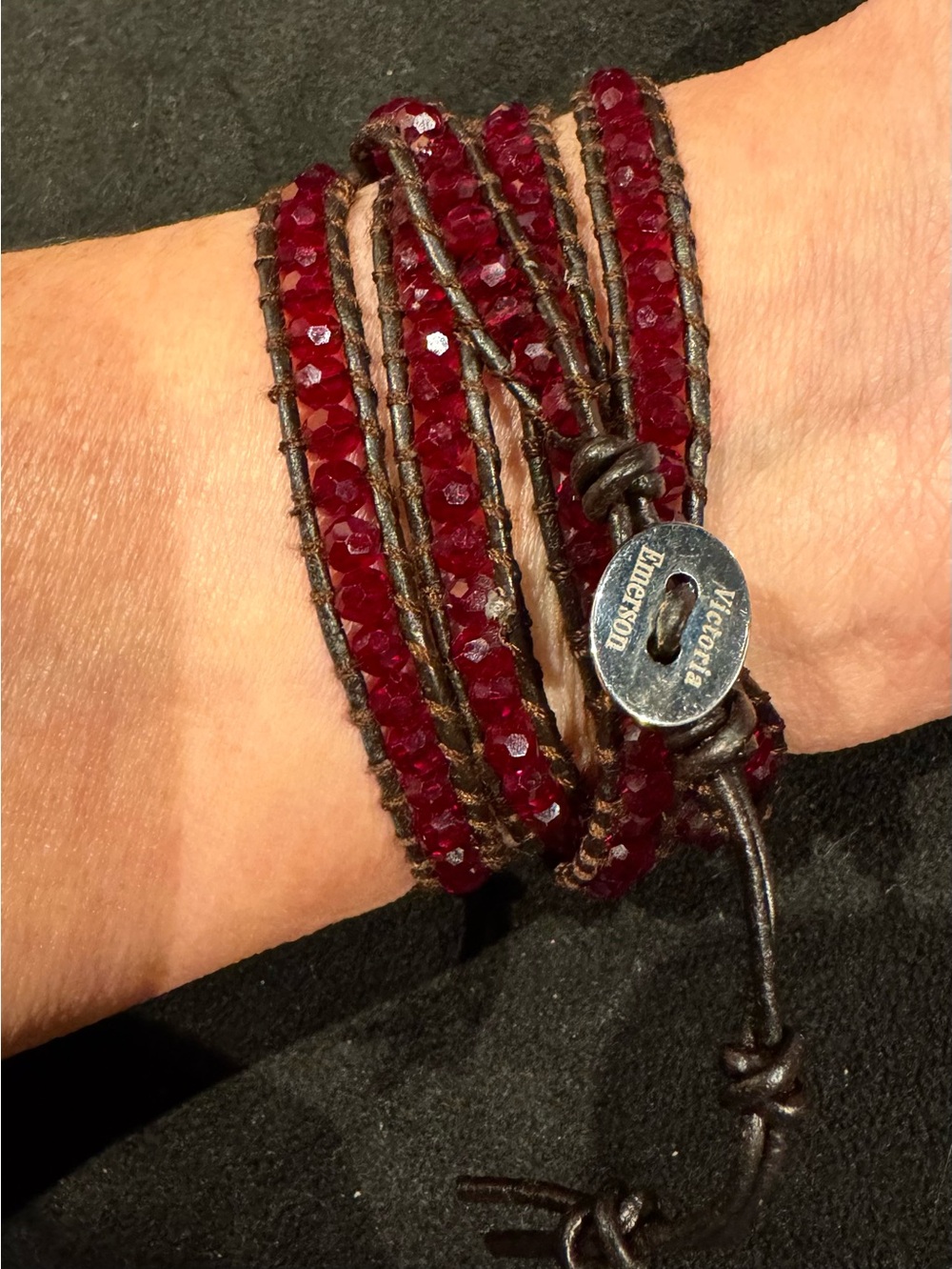 Victoria Emerson Ruby Red Crystal Beaded Leather 5-Wrap Bracelet